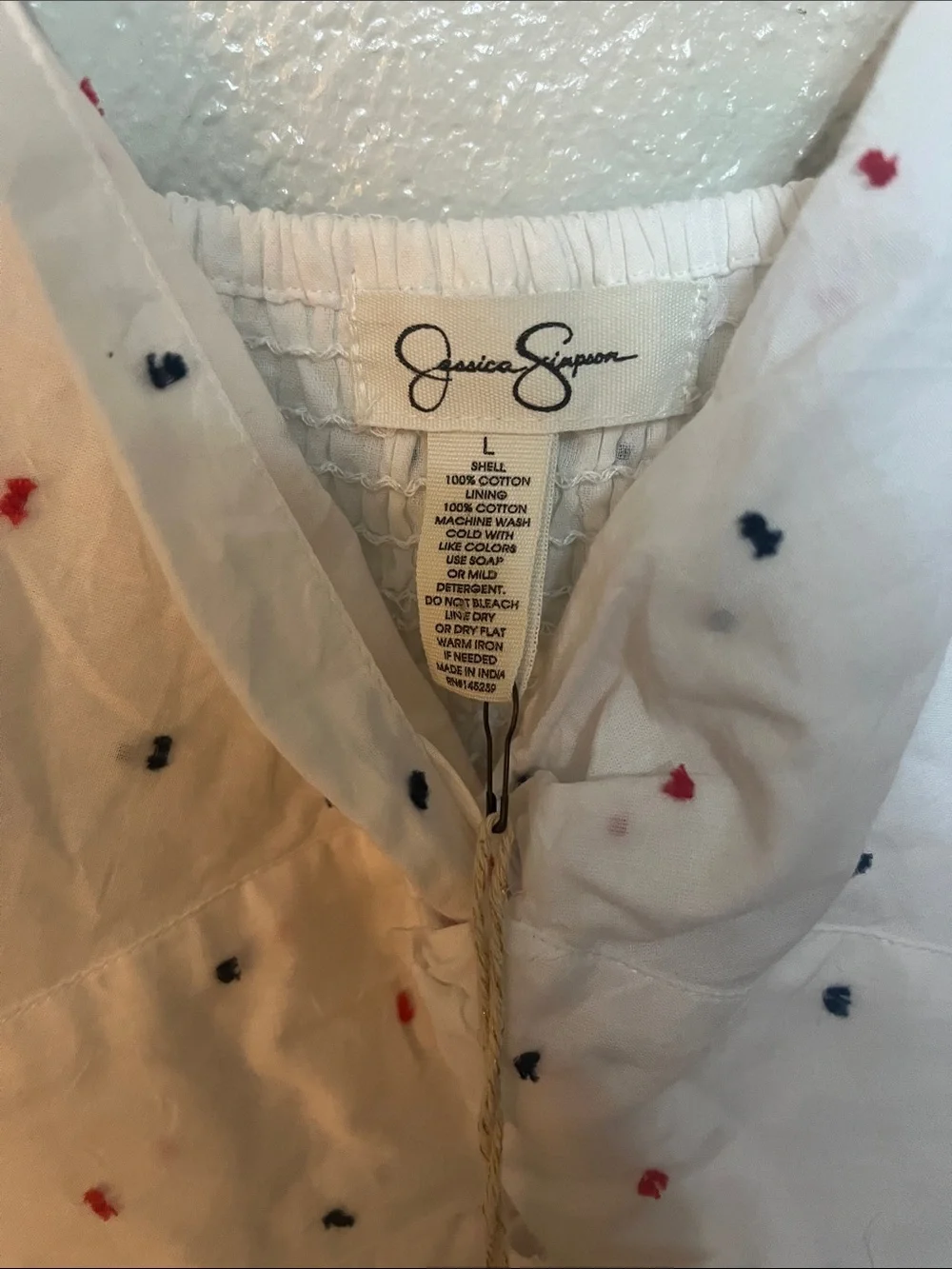 Jessica Simpson White Eyelet Knot-Front Mini Dress with Subtle Dot Print - Picture 2 of 5
